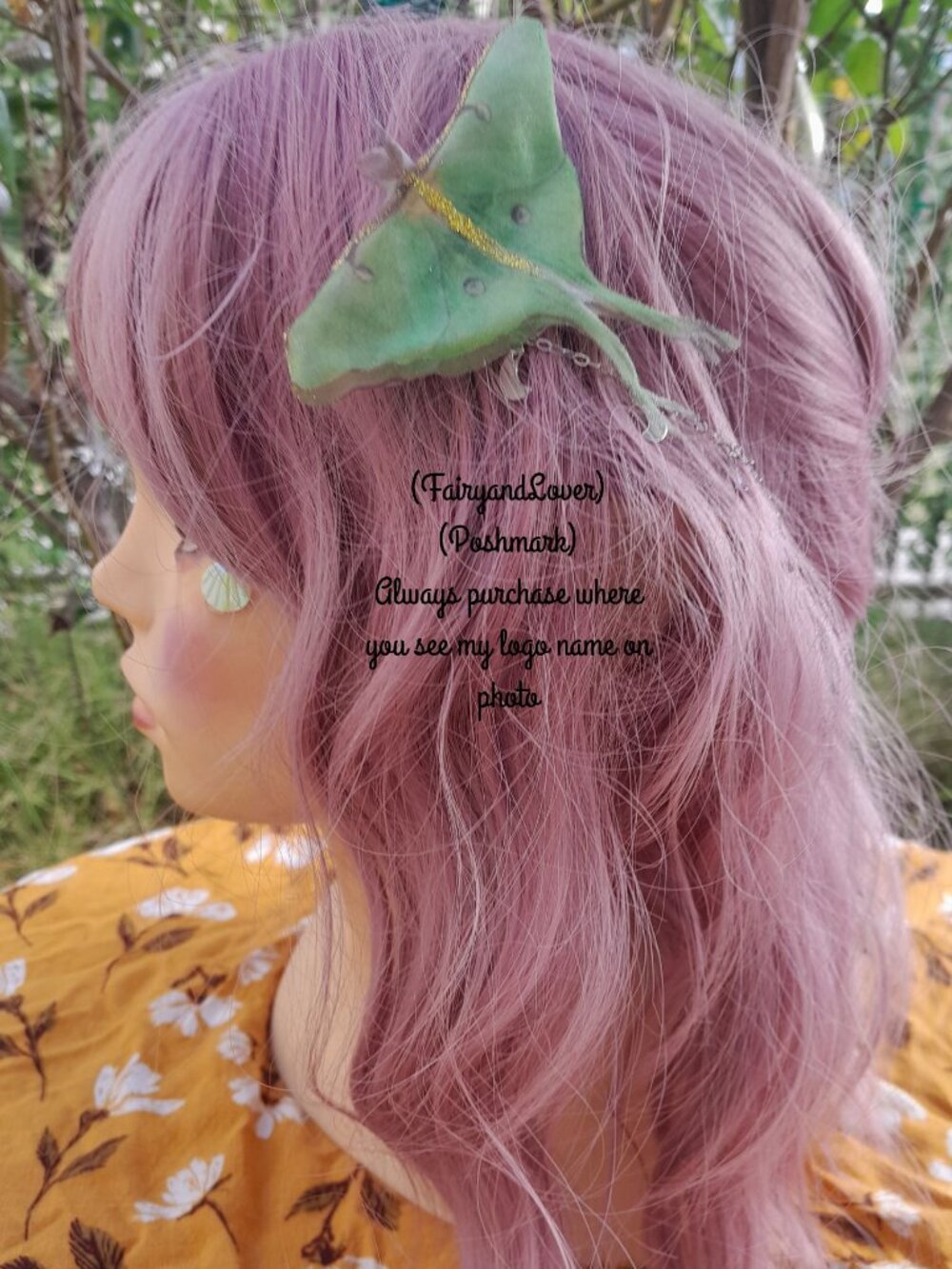 Fairy Butterfly Silk Luna Moth Ear Cuff Chain Hair Comb,bridal costume accessory